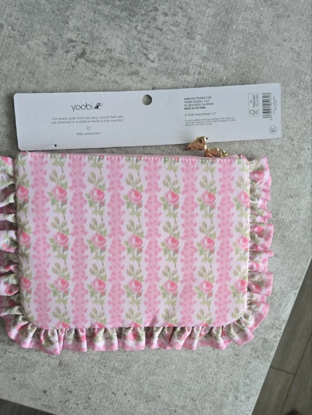 LoveShackFancy Pink Rose Print Ruffle Pouch with Gold Bow Charm
